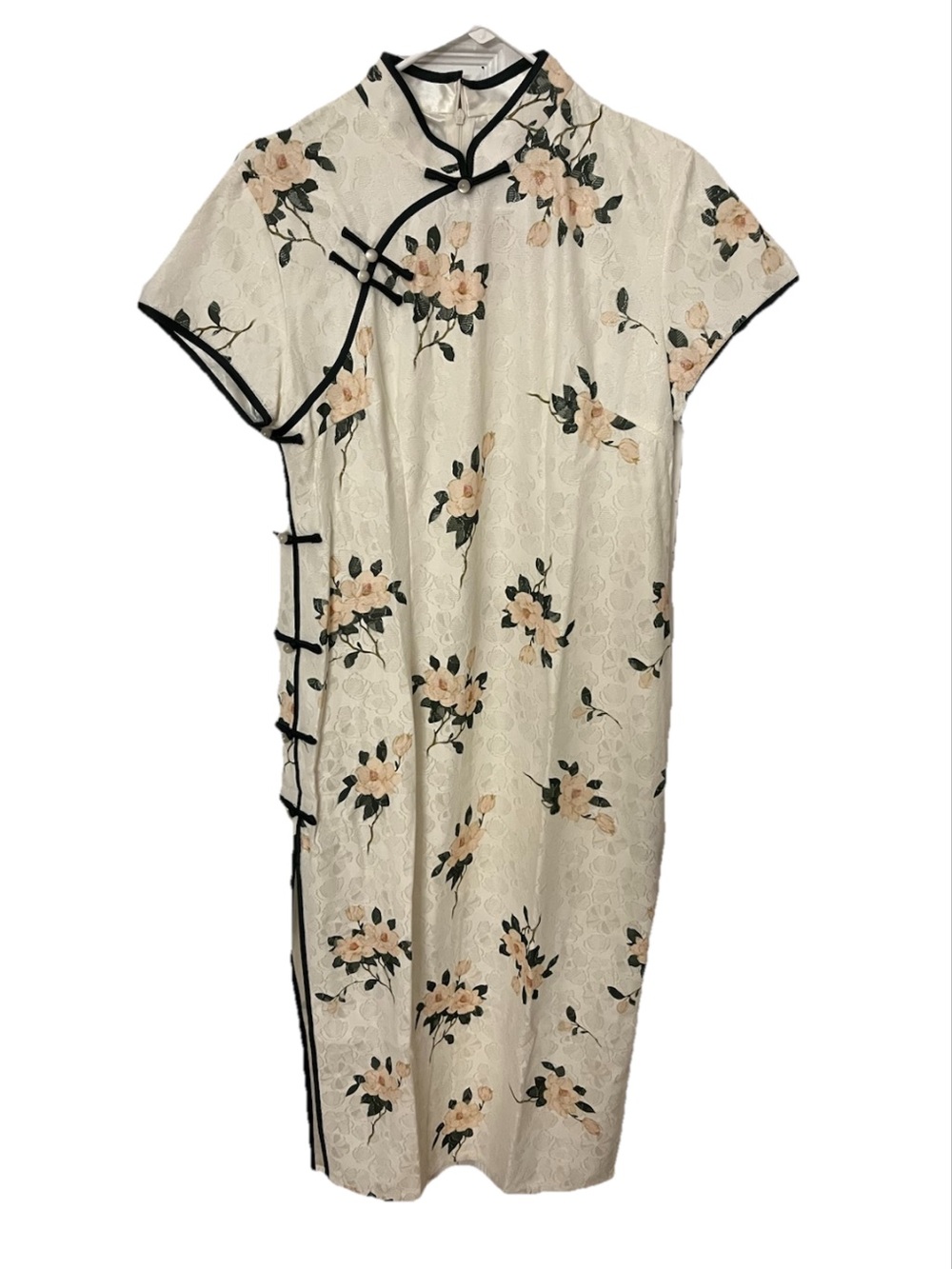 Floral Ivory Silk-Blend Cheongsam Dress with Black Trim
